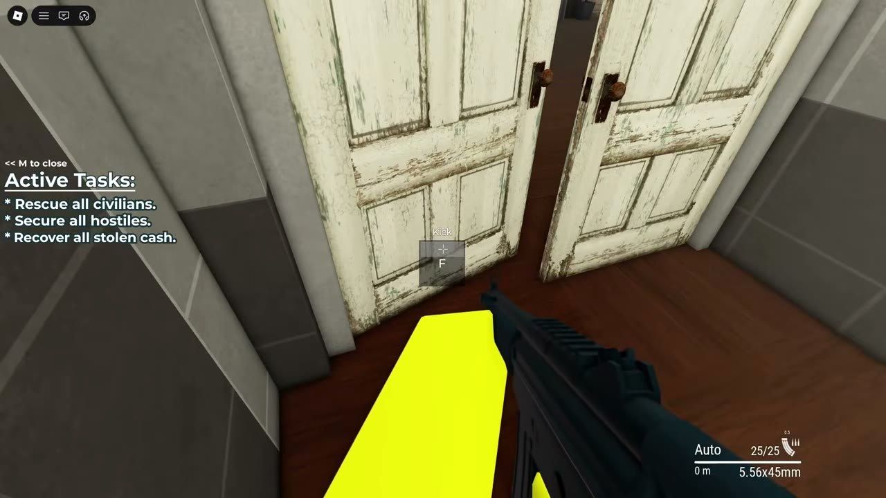 First-person view of a sighted rifle in a dark interior