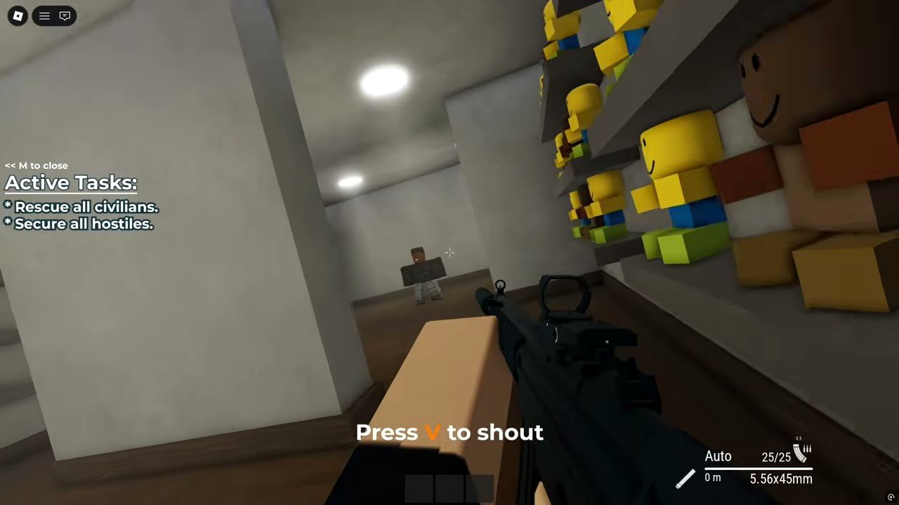 Museum gallery in low light during a raid